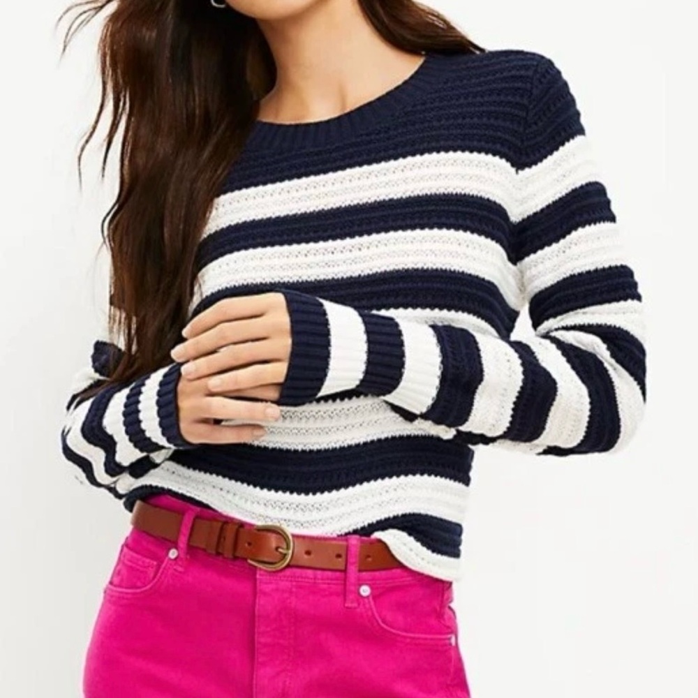 NWT  LOFT  Navy Blue & White Striped Mixed Knit Crochet Sweater - XS